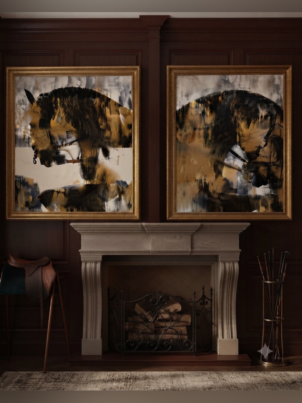 🐎 ‘L’Or Sauvage’ Equestrian Horse Head Art Print Set 2 | Gold & Black Diptych